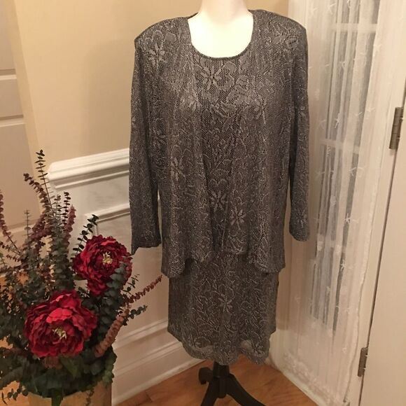 ‼️VINTAGE NWT SHAR AIDE NITES‎ Silver Metallic Shift Dress & Jacket Set - Picture 1 of 8